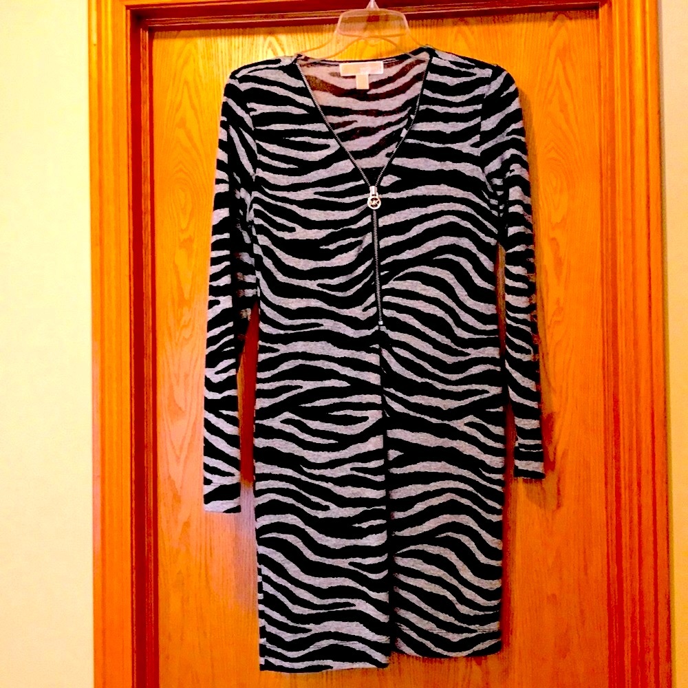 Michael Kors zebra animal print thin sheer knit full zip logo black dress EUC